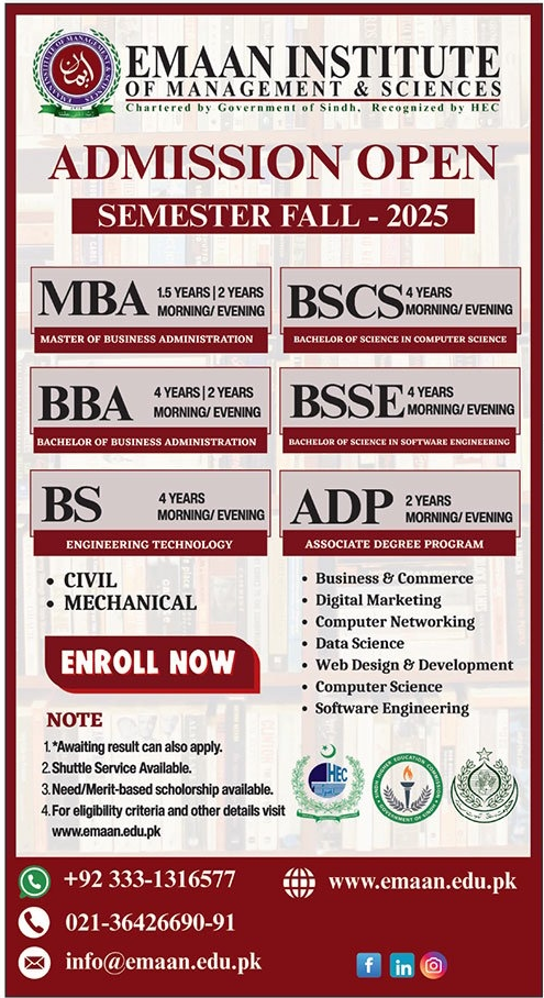 Admission Open in Emaan Institute of Management & Sciences Karachi